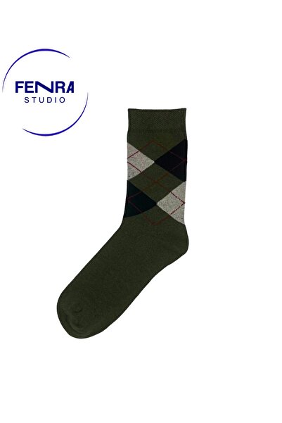 FENRA STUDIO Women's Olive Green Black Diamond Patterned Classic Socks