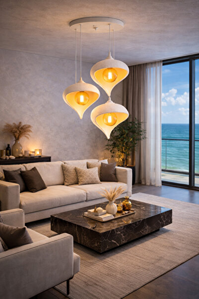 MarsCrafts Su Damlası Sarkıt Bohem Beton Görünümlü 3 lü Avize ( E-27 Ampül He...