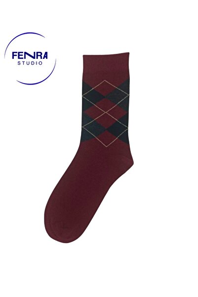 FENRA STUDIO Women's Burgundy Black Diamond Patterned Classic Socks