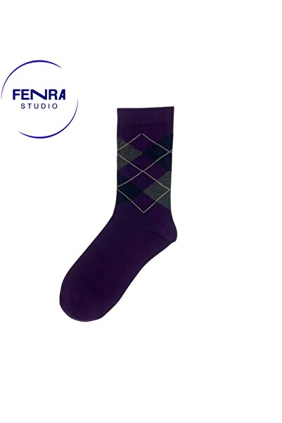 FENRA STUDIO Women's Purple Black Diamond Patterned Classic Socks