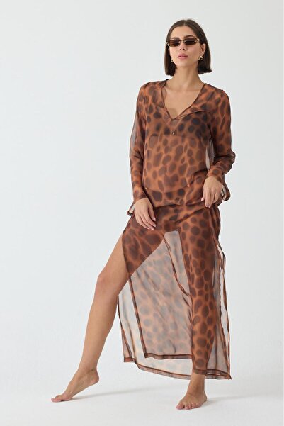 ZALİV Leopar Desenli Uzun Transparan Kimono Elbise