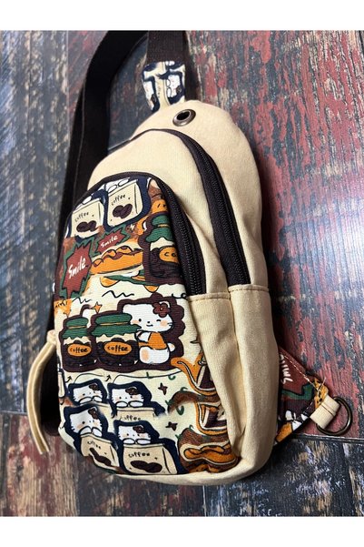 street&bagdnz Waterproof Cream Color Brown & Cat Patterned Cross Chest Bag Pack of Adjustable Strap Daily Use