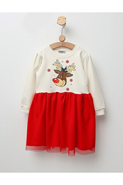 MiniKids Χαρούμενο φόρεμα με τάρανδο, κόκκινο και λευκό σχέδιο