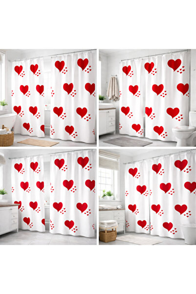 Handmade Heart Patterned Shower Curtain – White Bathroom Curtain with Red Hea...