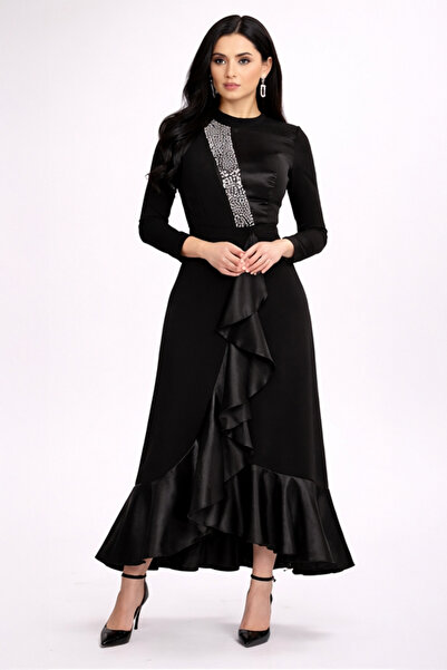 Abad فستان تركي أنيق باللون الأسود مزين بكريستال على الصدر