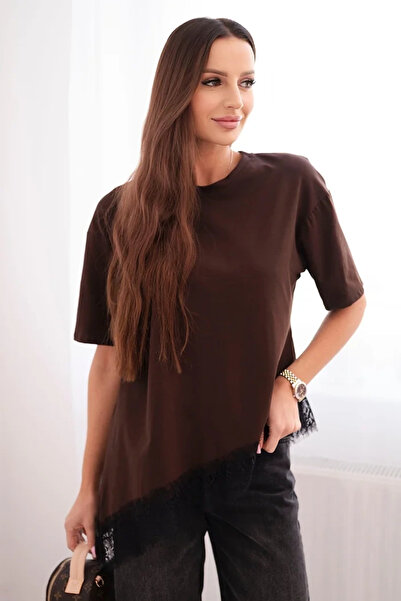 Kesi Bluză asimetrică din bumbac pentru femei cu dantelă în partea de jos, maro