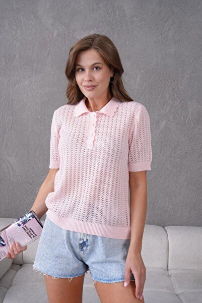 fuşyha butik Polo Collar Short Sleeve Patterned Fine Knit Sweater