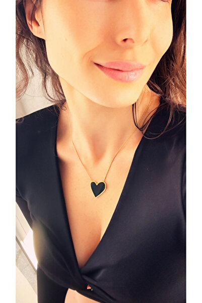 AlminaMia Black Heart Pendant Gold Color Snake Chain Stainless Steel