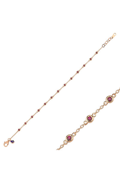 925 Ayar Gümüş Rose Gold Kaplama KırmızI Zirkon Taşlı Bileklik – Nazar Boncuk Detaylı