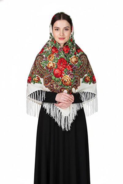 Bidani - White & Gold Folk Shawl Rosses