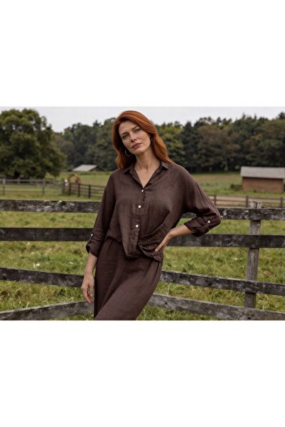 DenizEge Cămașă italiană K in cu detaliu cu șnur în față, culoare Bitter Brown