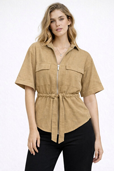 KAREL BUTİK Bettnes Bel Detaylı Keten Pamuk Kısa Kollu Gömlek