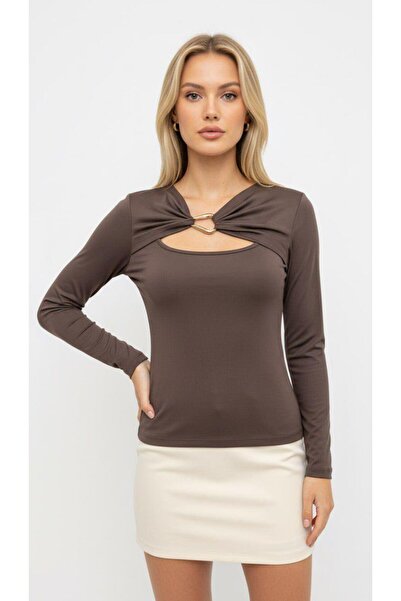 fuşyha butik V-Neck Long Sleeve Buckle Patterned Fine Combed Cotton