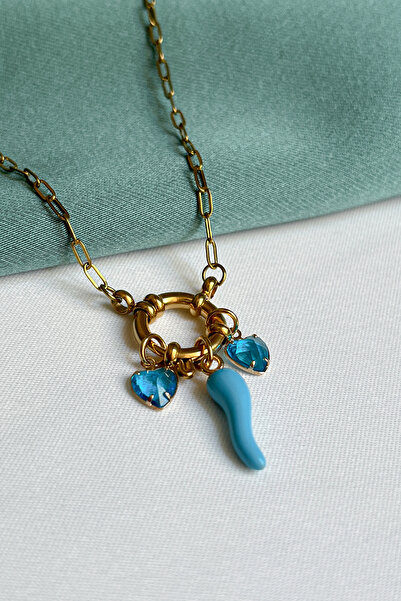 Berilya Aksesuar Love & Luck Steel Sailor Clasp Necklace with Pepper and Hear...