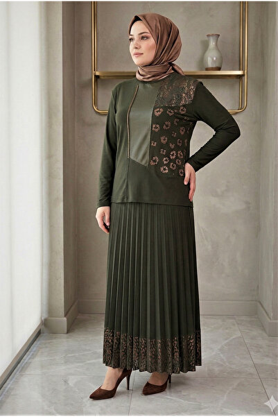 MR.MODAMİRA Kadın Sandy Haki Yeşil Taş ve Baskı Detaylı Piliseli Tarz Davet G...