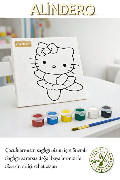 Alindero Çocuk boyama tuval seti HELLO KITTY BALE 6 lı akrilik boya + fırça +...