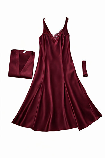 ahu lingerie Burgundy Satin Nightgown Set Lace Detailed Women's Dressing Gown...