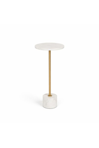 Vi Markets A modern side table featuring a round marble top with a slim gold metal stem and a solid marble base