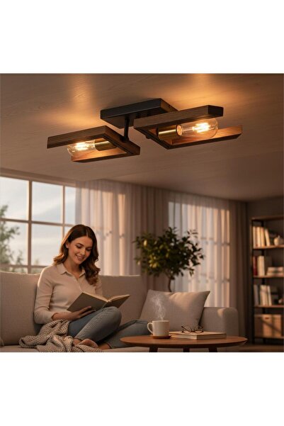 RETRO STYLE GÜNEY AHŞAP 2 Lİ PLOFONYER AVİZE- APLİK