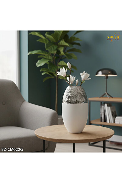 Hinora Porcelain Look Silver White Glass Vase 28X15Cm