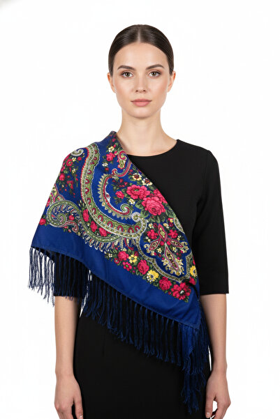 Bidani - Royal Blue Floral Wrap – Multicolor Folk Rose Pattern
