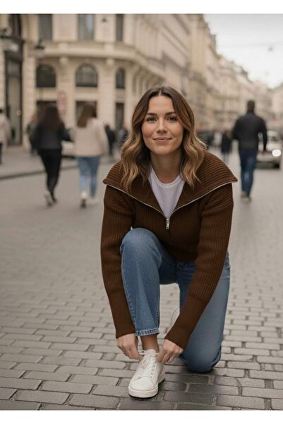 K-ODEA BUTİK كارديجان نسائي بني اللون بسحّاب من التريكو