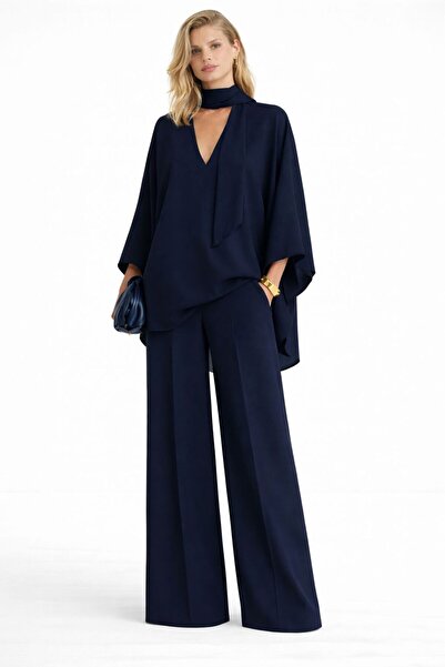 ALYEL NAKER Mobile Shawl Detailed Regular Blouse & Wide Leg Pants Crepe Set