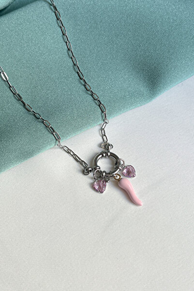 Berilya Aksesuar Love & Luck Steel Sailor Clasp Necklace with Pepper and Hear...