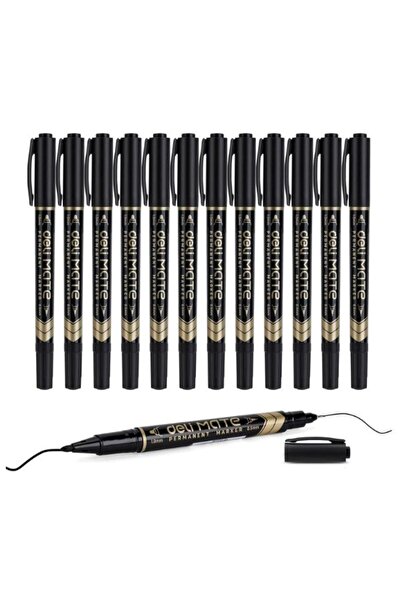 Deli أقلام تحديد دائمة برأسين U104، رفيع وفائق الدقة، حبر أسود، عبوة من 12 قل...