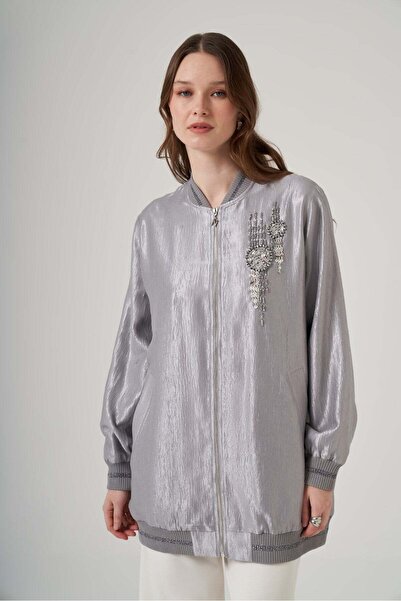 Nuss 6038 Taş İşlemeli Jakar Bamber Kap Gri