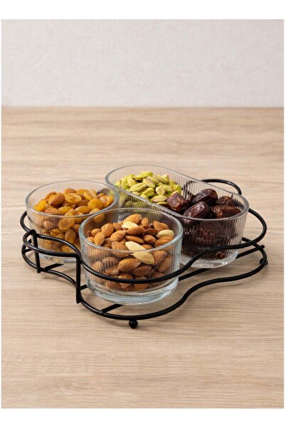 ALQANNAS 3 Bowl Dry Fruit Serving Tray with Metal Stand