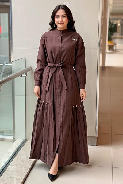 Ceremony Hakim Yaka Keten Uzun Elbise