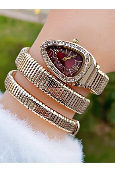 Weluxa Gold Color Stone Snake Model Women's Wristwatch + Watch Box