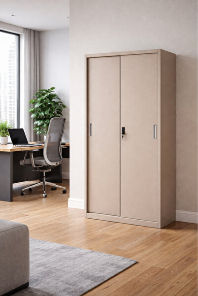 MARIA HOMES Beige Metal Storage Cabinet with Sliding Doors and Shelves 185×85...
