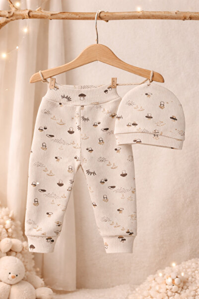 bediş baby clothes طقم قبعة وبيجامة أطفال من ماركة مانتار منقوش من 0-3 أشهر