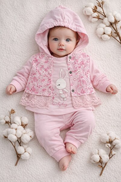 Pure Boutique Set bebe fetite roz cu hanorac, bluza si pantaloni imprimeu iep...