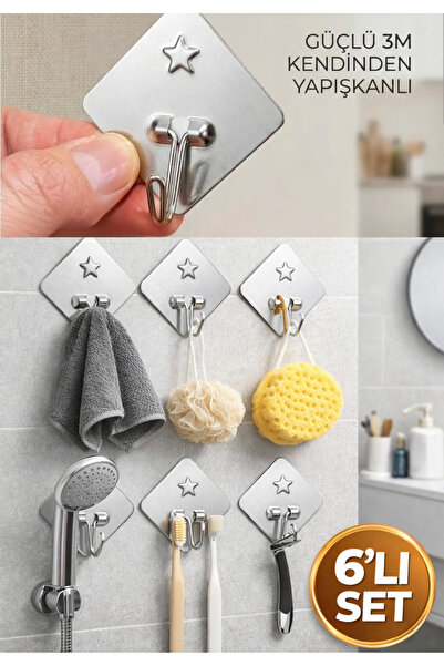 BRE HOME 6’lı Paslanmaz Çelik Yapışkanlı Askı 5x5 cm – Banyo Mutfak Duvar Ask...