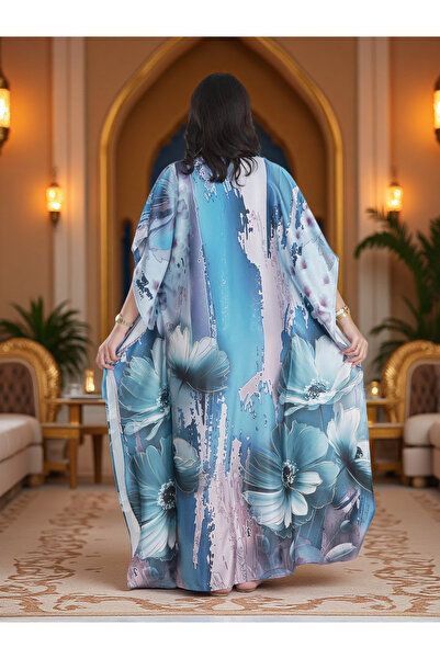 Finelook فستان قفطان ماكسي فاخر باللون الأزرق مزين بالزهور - ملابس أنيقة ومحت...