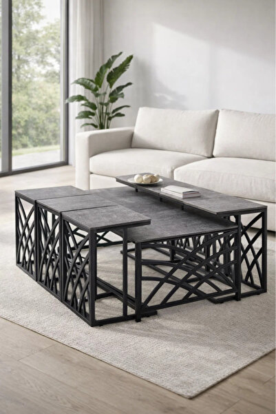 MARIA HOMES Modern Grey Coffee Table Set with 6 Side Tables 130 × 70 × 45 cm