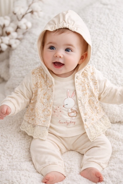 Pure Boutique Set bebe fetite crem 3 piese hanorac bluza si pantaloni iepuras