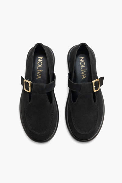 Noliva Siyah Süet Tokalı Kadın Babet Rahat Taban Günlük Mary Jane Kadın Ayakkabı