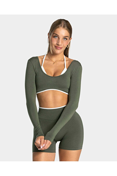 TEVEO Zeytin Yeşili Uzun Kollu Crop Top - Beyaz Biyeli Seamless Tasarım