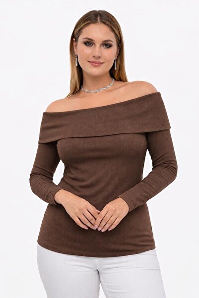 Seamoda Bluză cu guler Madonna mărime mare material elastic tricot texturat -...