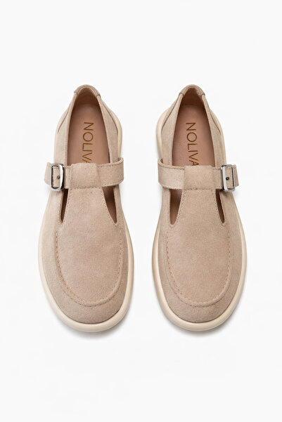 Noliva Beige Suede Buckled Women's Ballet Flats Comfortable Sole Casual Mary ...