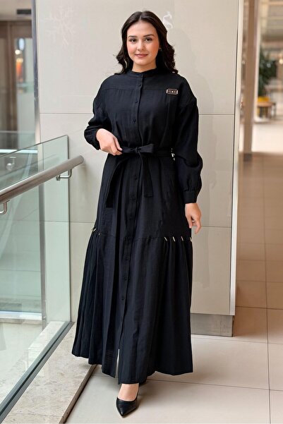 Ceremony Hakim Yaka Keten Uzun Elbise