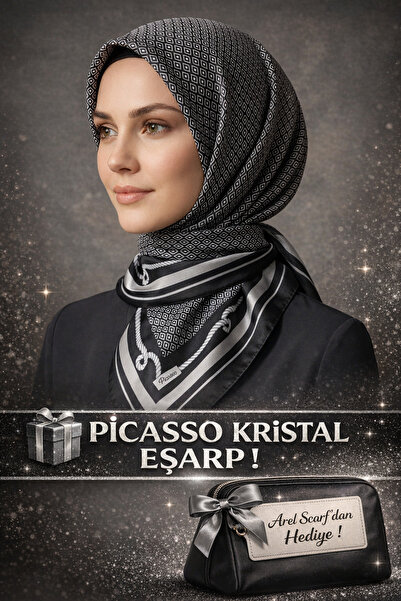 Picasso İpek Görünümlü Siyah, Gri Kristal Eşarp – Şık Tasarım 90x90