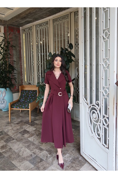 KECHİ WOMAN Double-Breasted Yaka Belt Li Slit Dress Linda Fabric