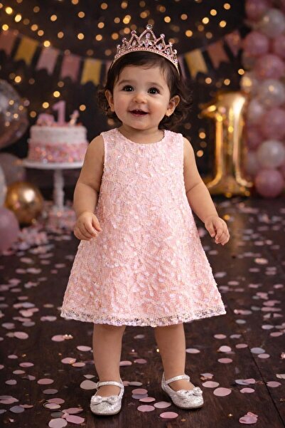 Kuzucuk Kids Bebek Çocuk Butik Kız Bebek Pembe Simli Dantel Doğum Günü / Özel...