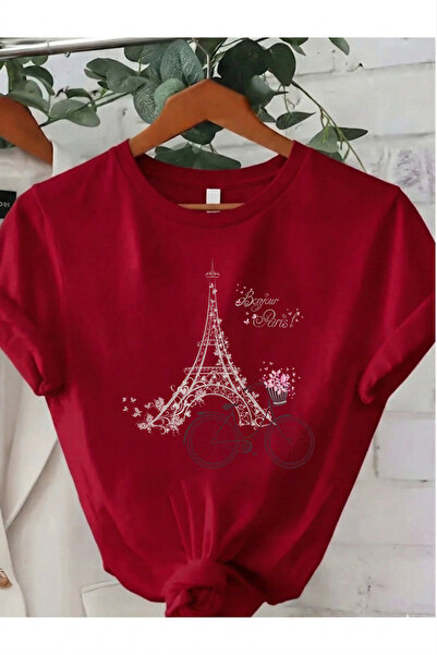 Trend Sizde Tricou unisex roșu Eiffel cu imprimeu guler rotund