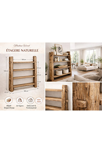 MadamWood MADAMEOOD Étagère Naturelle – Masif Ahşap Rustik Kitaplık Dekoratif...